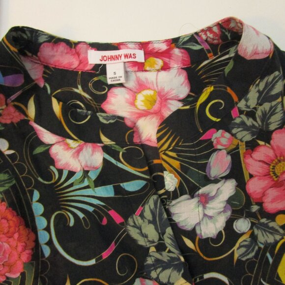 Vivid Floral Black Top Blouse Poly Keystone Bohemian - Picture 7 of 11